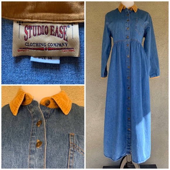 “Studio Ease” Denim Dress Corduroy Collar Modest - Picture 1 of 8